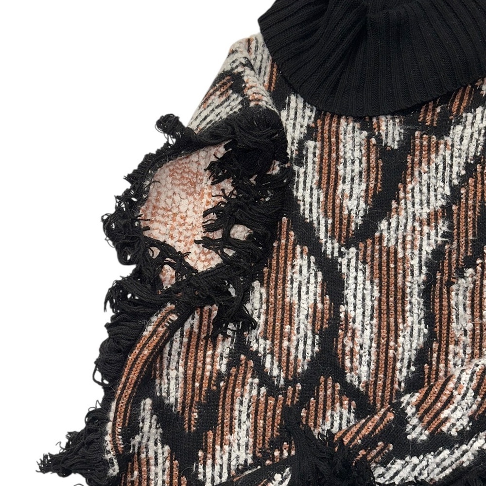 Women’s Cowl Neck Fringe Wool Alpaca Blend Combo Poncho Sweater M/L - Picture 5 of 9